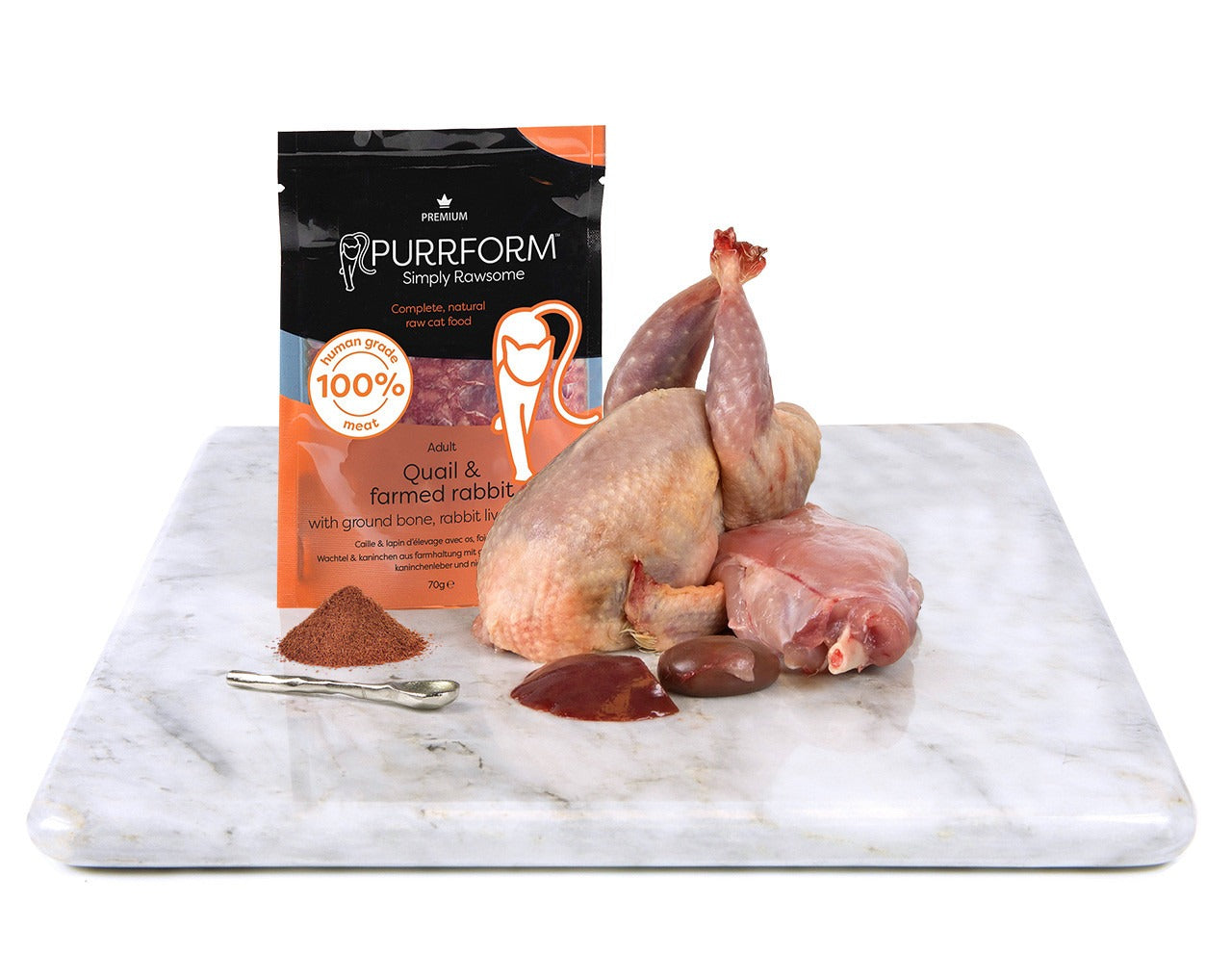 10% off Purrform POUCHES Quail & Farmed Rabbit with Ground Bone with Rabbit liver and Kidney - 6 x 70g Pouches - RRP £8.99