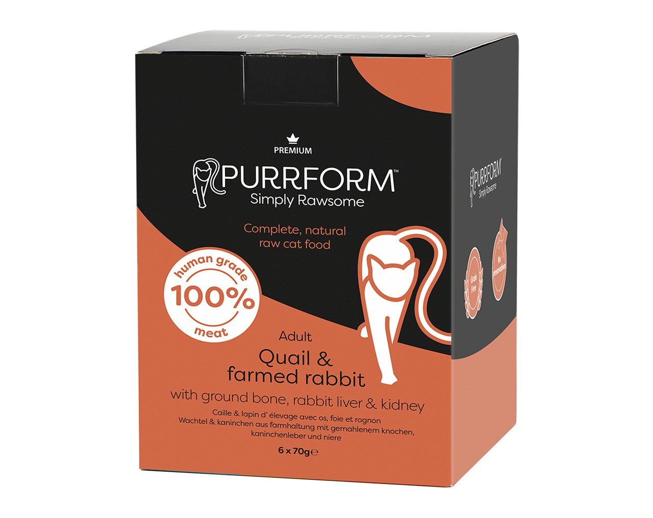 10% off Purrform POUCHES Quail & Farmed Rabbit with Ground Bone with Rabbit liver and Kidney - 6 x 70g Pouches - RRP £8.99