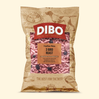 DIBO Free Flow Mince 3 Bird Roast with Pork offal, Sweet Potato and Blueberries 1kg - RRP £4.69