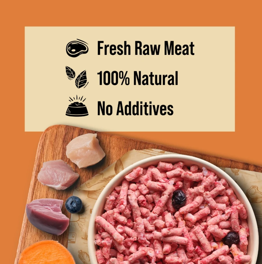 DIBO Free Flow Mince 3 Bird Roast with Pork offal, Sweet Potato and Blueberries 1kg - RRP £4.69