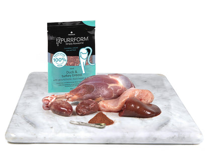 10% off Purrform POUCHES - Duck with Turkey Breast & Ground Bone with Duck Heart & Liver 6 x 70g POUCHES- RRP £10.49