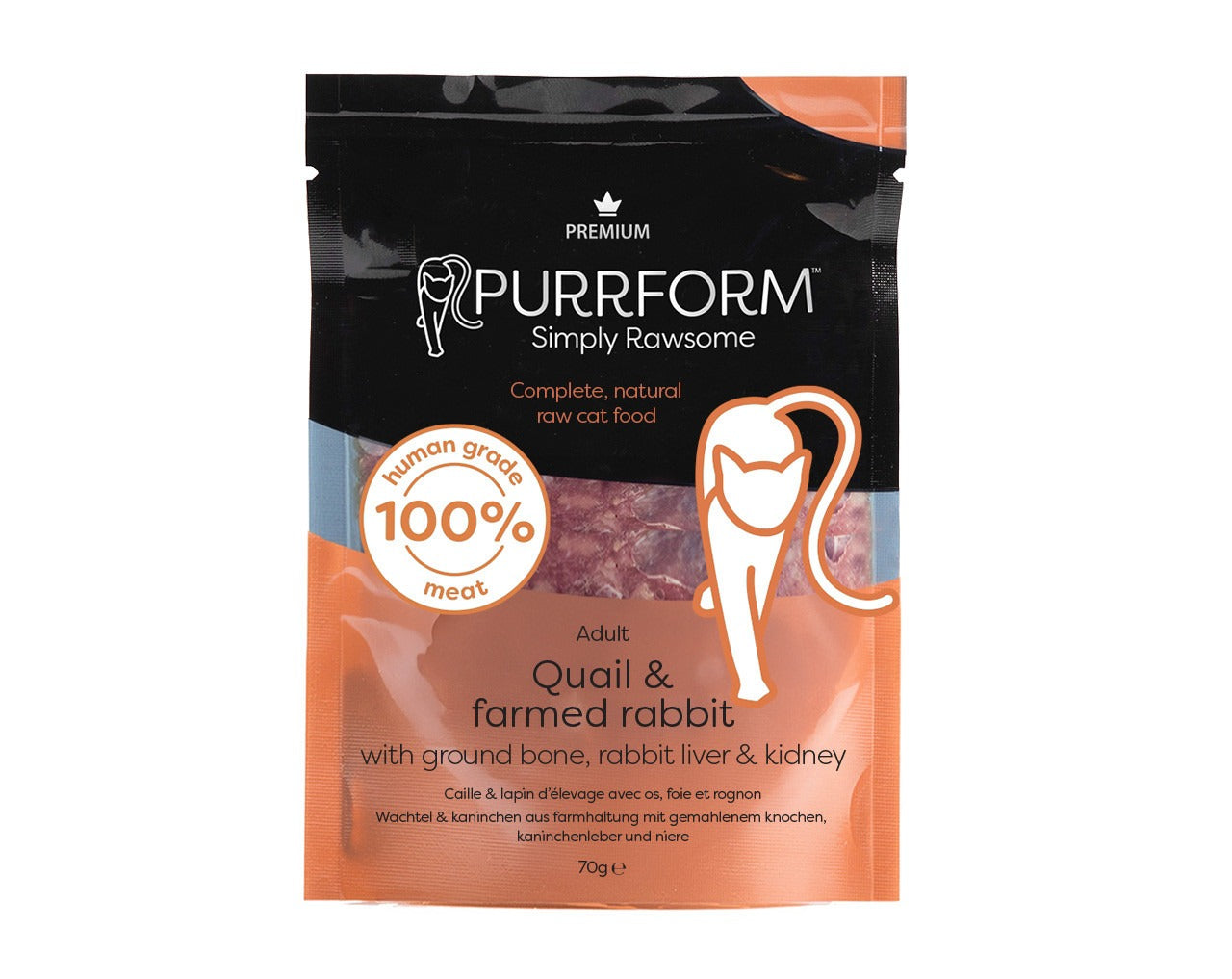 10% off Purrform POUCHES Quail & Farmed Rabbit with Ground Bone with Rabbit liver and Kidney - 6 x 70g Pouches - RRP £8.99