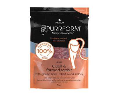 10% off Purrform POUCHES Quail & Farmed Rabbit with Ground Bone with Rabbit liver and Kidney - 6 x 70g Pouches - RRP £8.99
